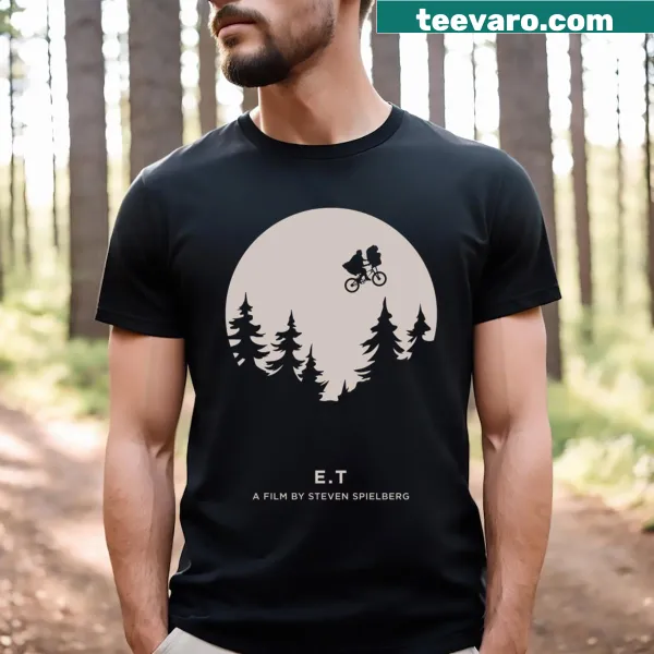 Minimalist Hollywood movie poster design of E.T. the Extra-Terrestrial on t-shirt