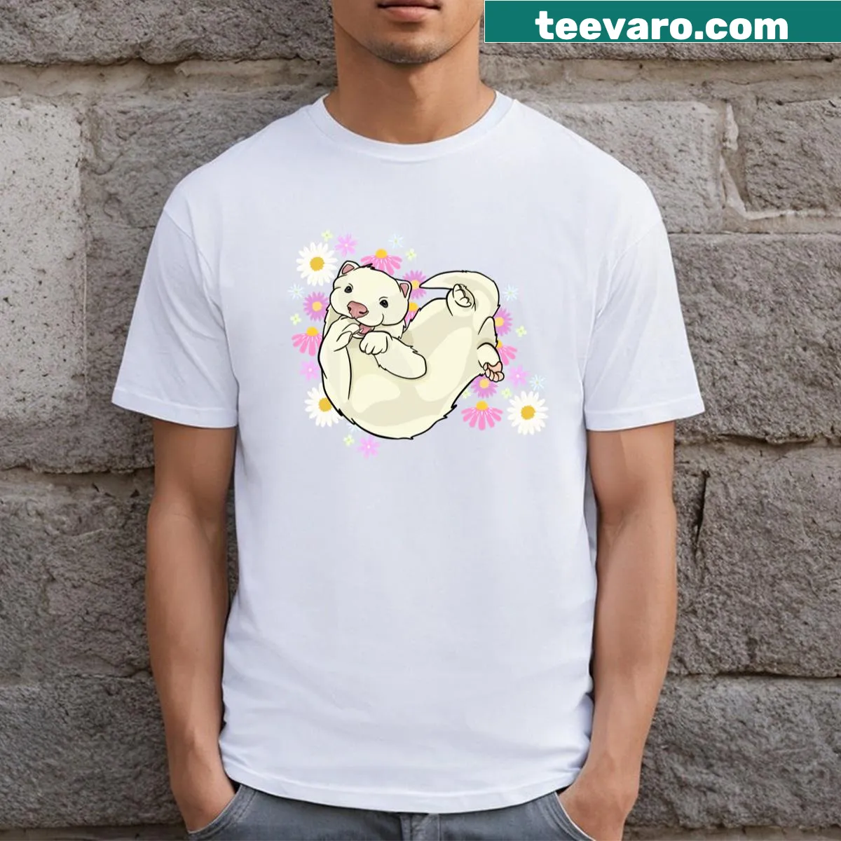 Cute ferret graphic T-shirt with flowers — on a men's t-shirt