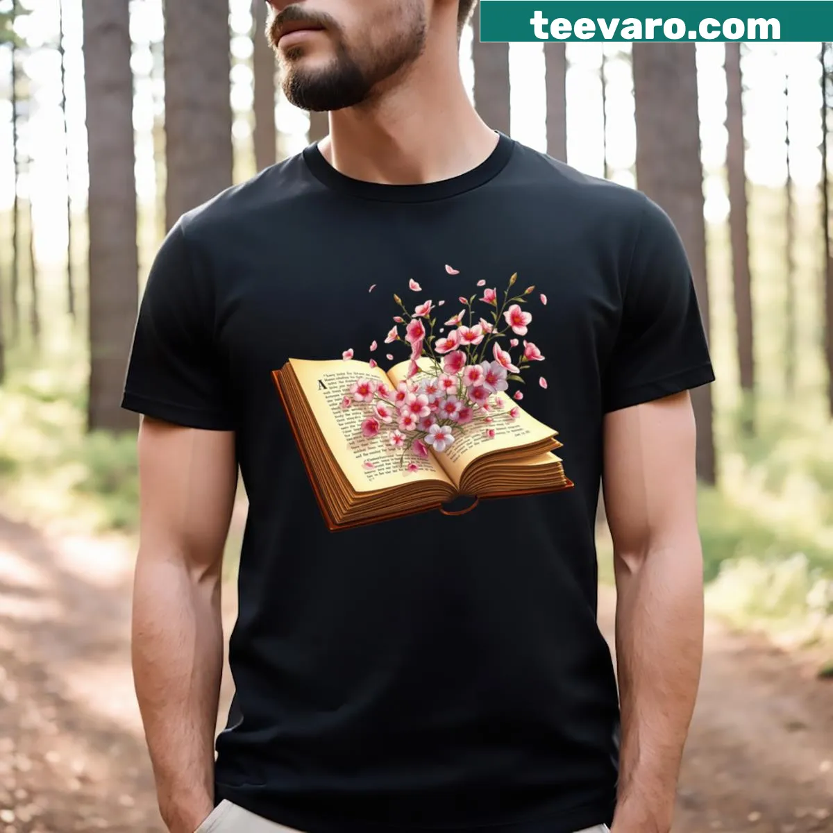 Illustration of flowers growing from an open book on T-shirt — on a men's t-shirt