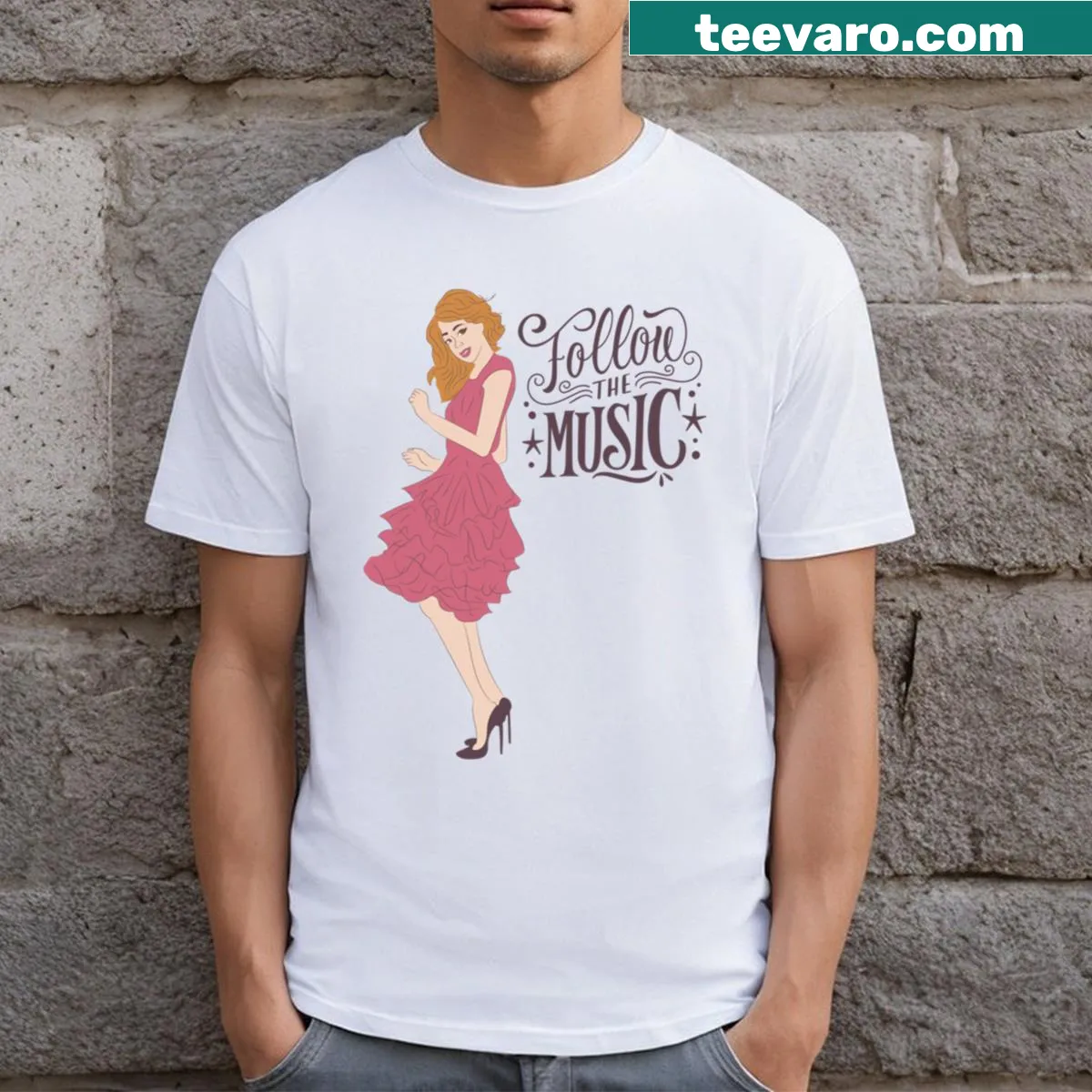 Typographic T-shirt with the phrase 'Follow The Music' — on a men's t-shirt