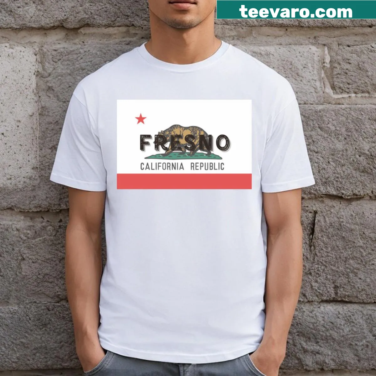 T-shirt featuring the California flag emblem for Fresno — on a men's t-shirt
