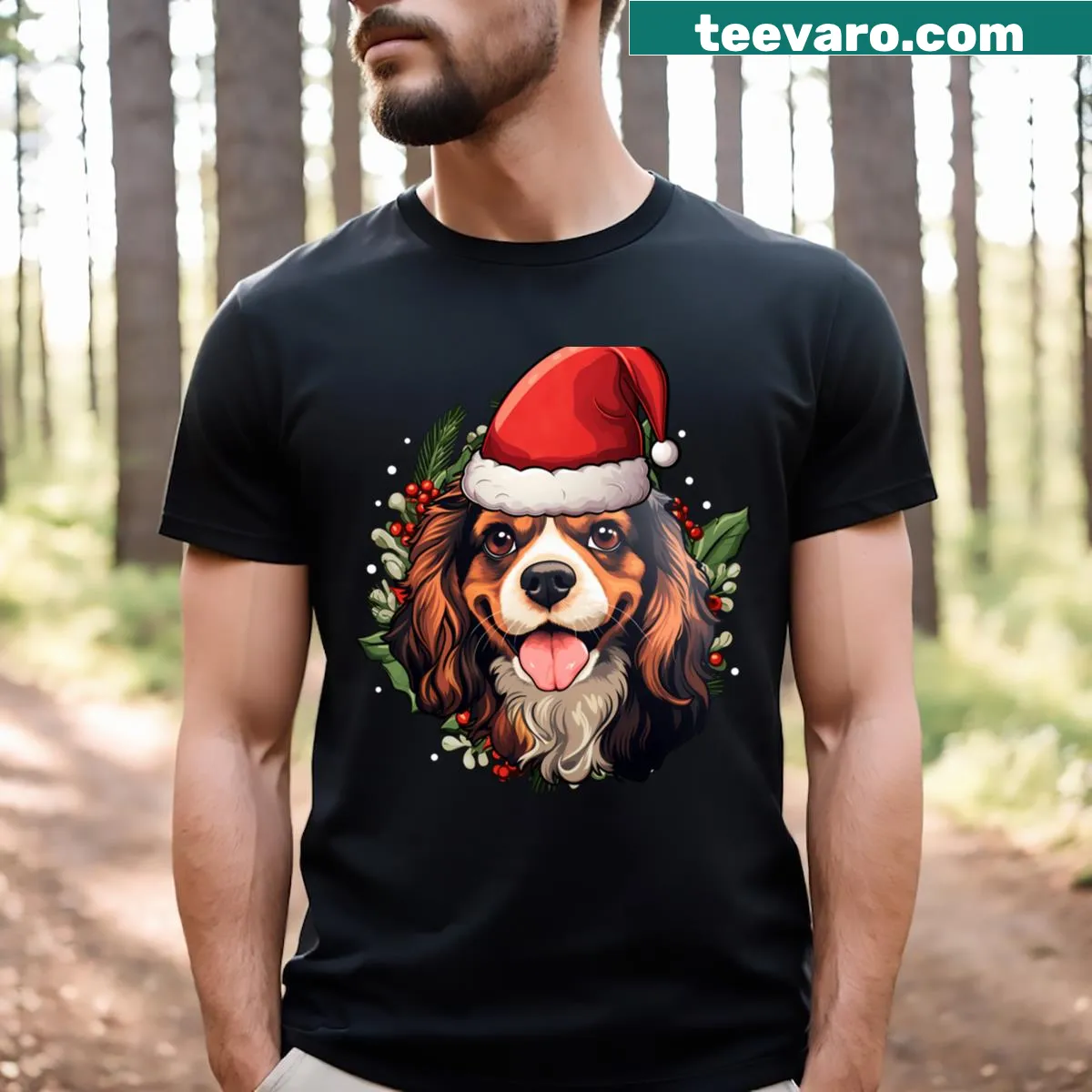 Funny Christmas t-shirt featuring Cavalier King Charles Spaniel graphic — on a men's t-shirt