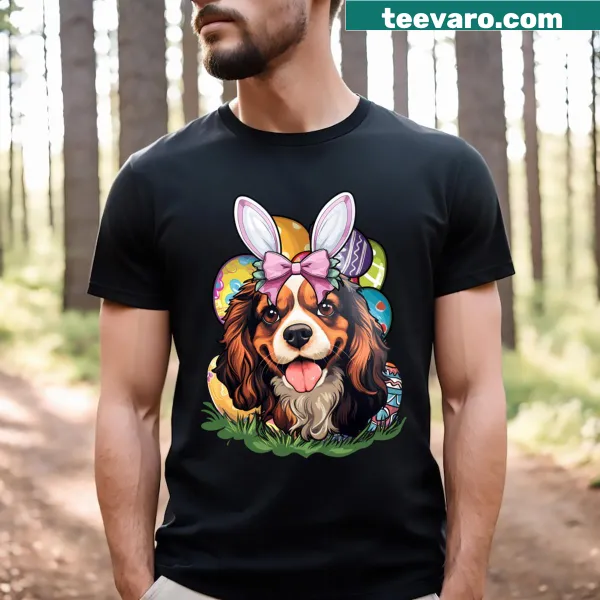 Cartoon T-shirt with a Cavalier King Charles Spaniel as an Easter Bunny