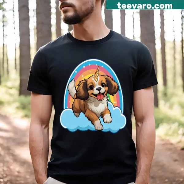 Cavalier King Charles Spaniel depicted as a unicorn in a playful illustration