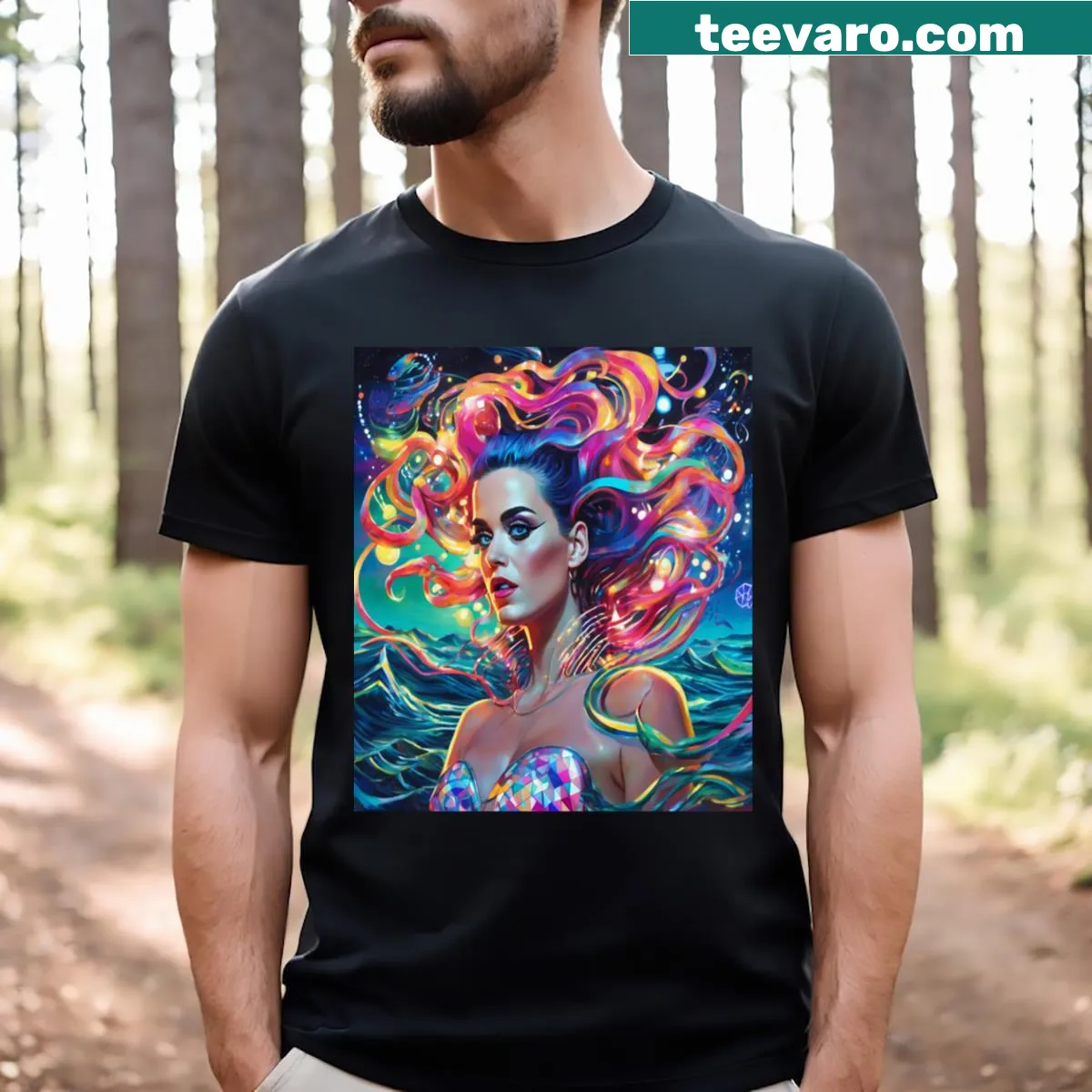 Futuristic siren illustration inspired by pop culture and neon aesthetics — on a men's t-shirt