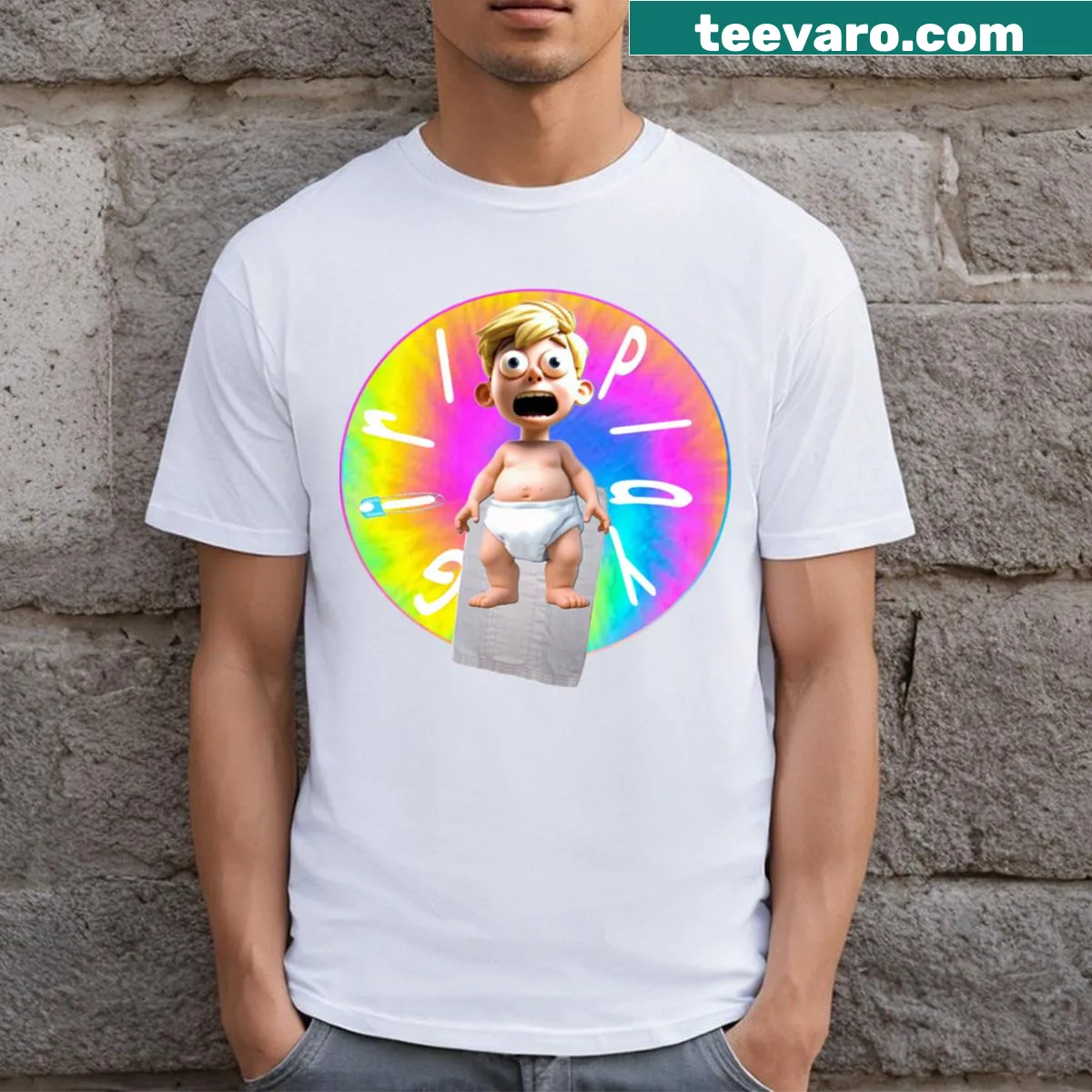 Playful t-shirt for moms with the phrase about magic diaper rides — on a men's t-shirt