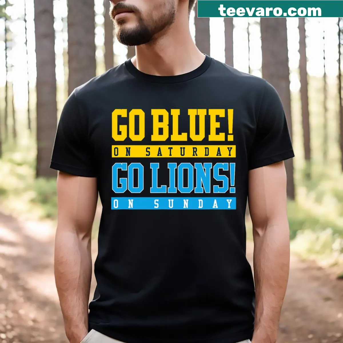 Supportive Go Blue! Lions themed football T-shirt — on a men's t-shirt