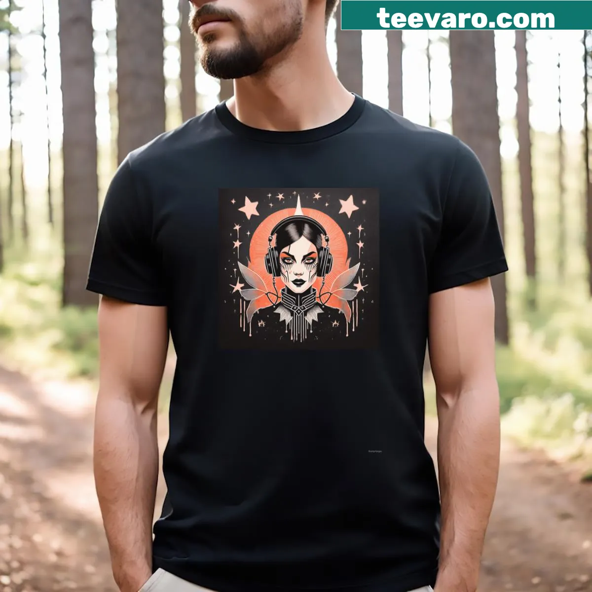Graffiti style female vampire DJ graphic T-shirt — on a men's t-shirt