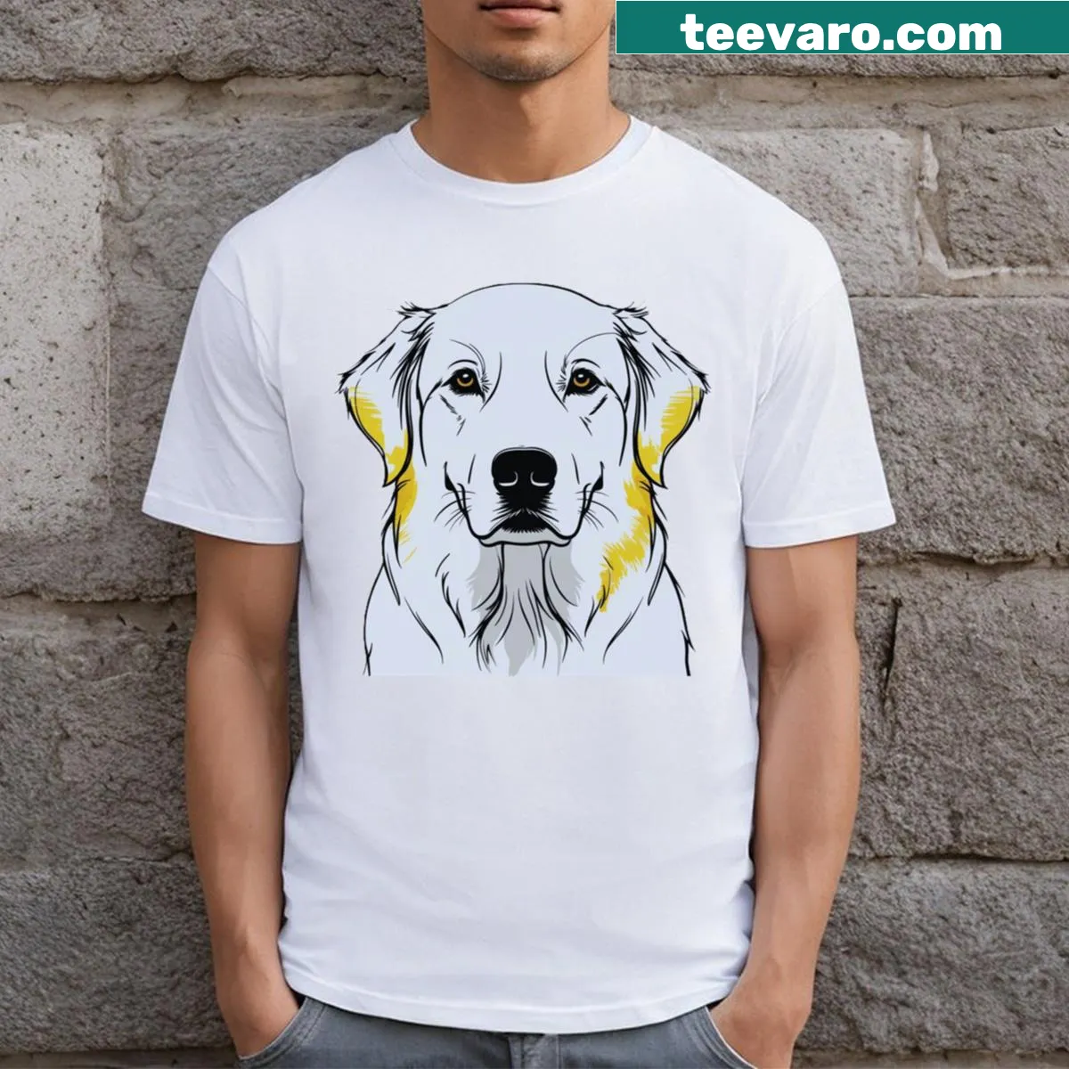 Minimalist line-art design T-shirt featuring a graceful dog illustration — on a men's t-shirt