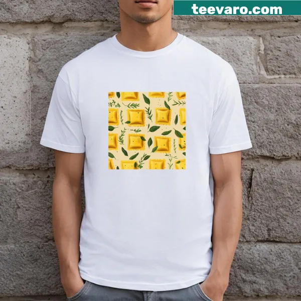 Playful t-shirt with illustration of golden ravioli and fresh herbs