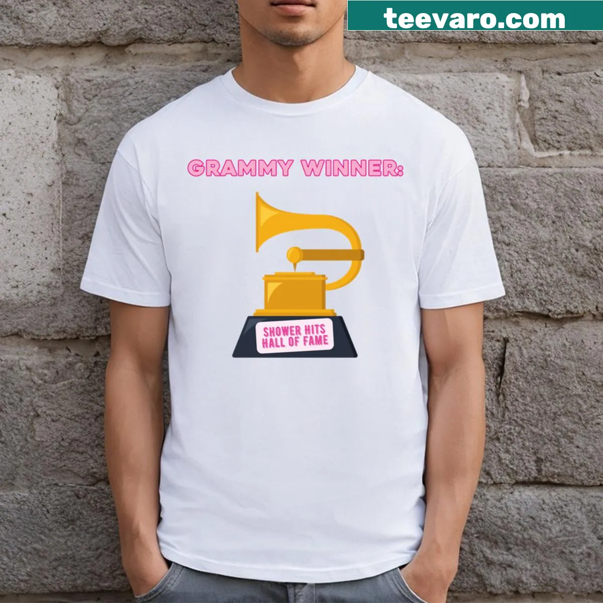 Music-themed T-shirt celebrating Grammy winners and shower hits — on a men's t-shirt