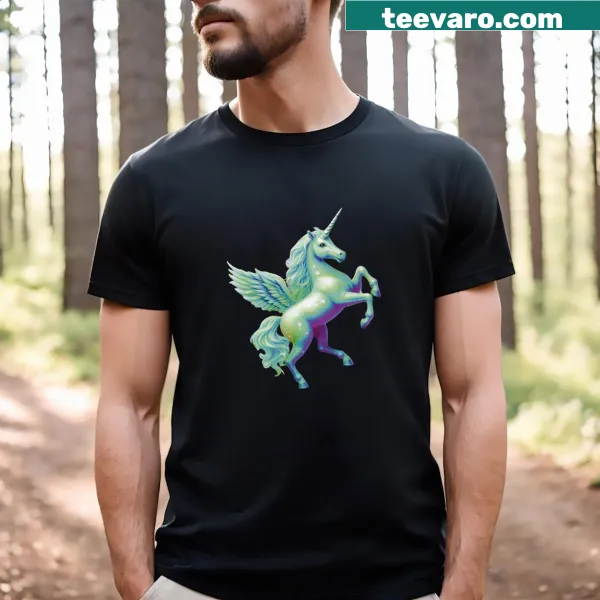 Illustrative T-shirt featuring a green and fuchsia unicorn surrounded by stars
