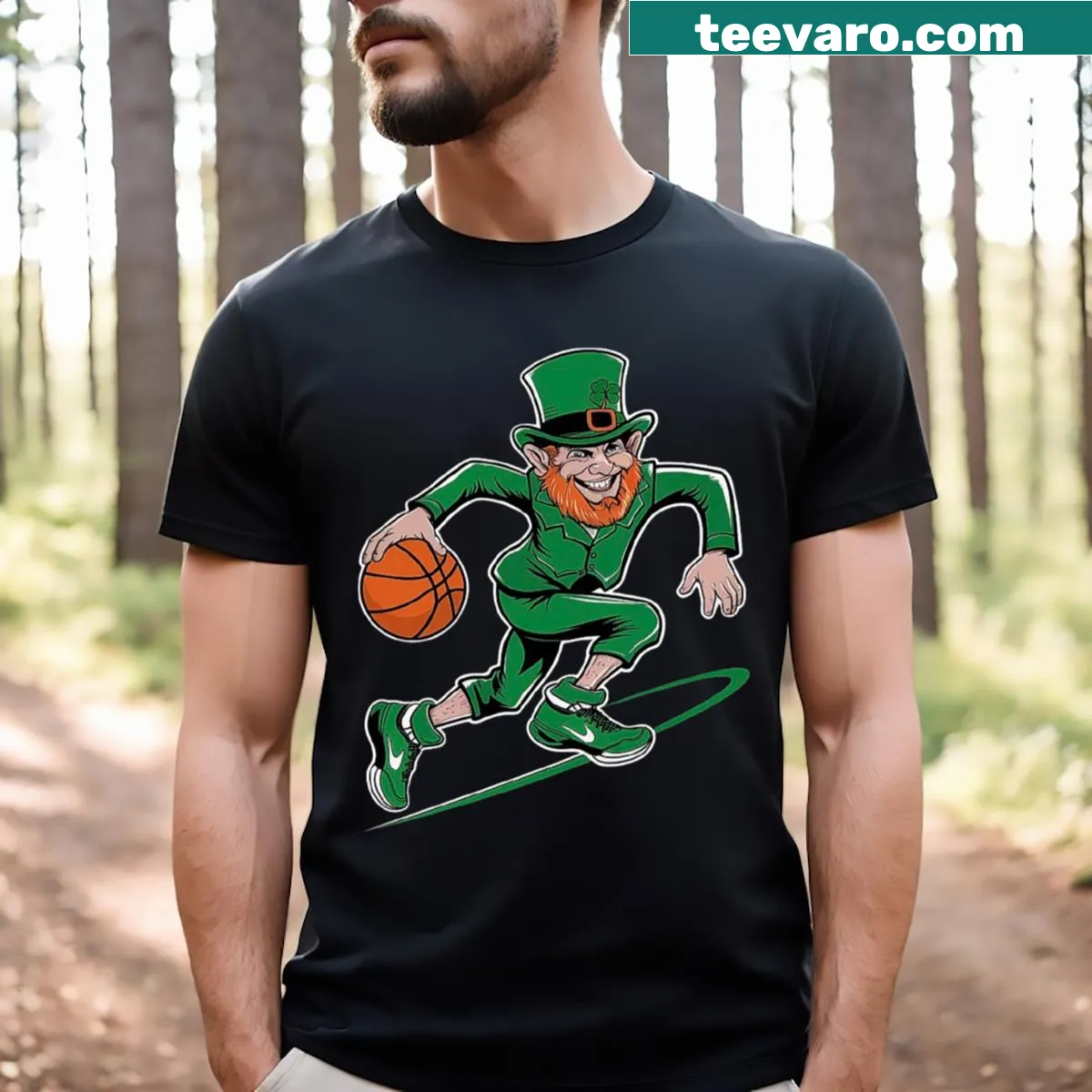 Basketball mascot design t-shirt featuring a green Irish character — on a men's t-shirt