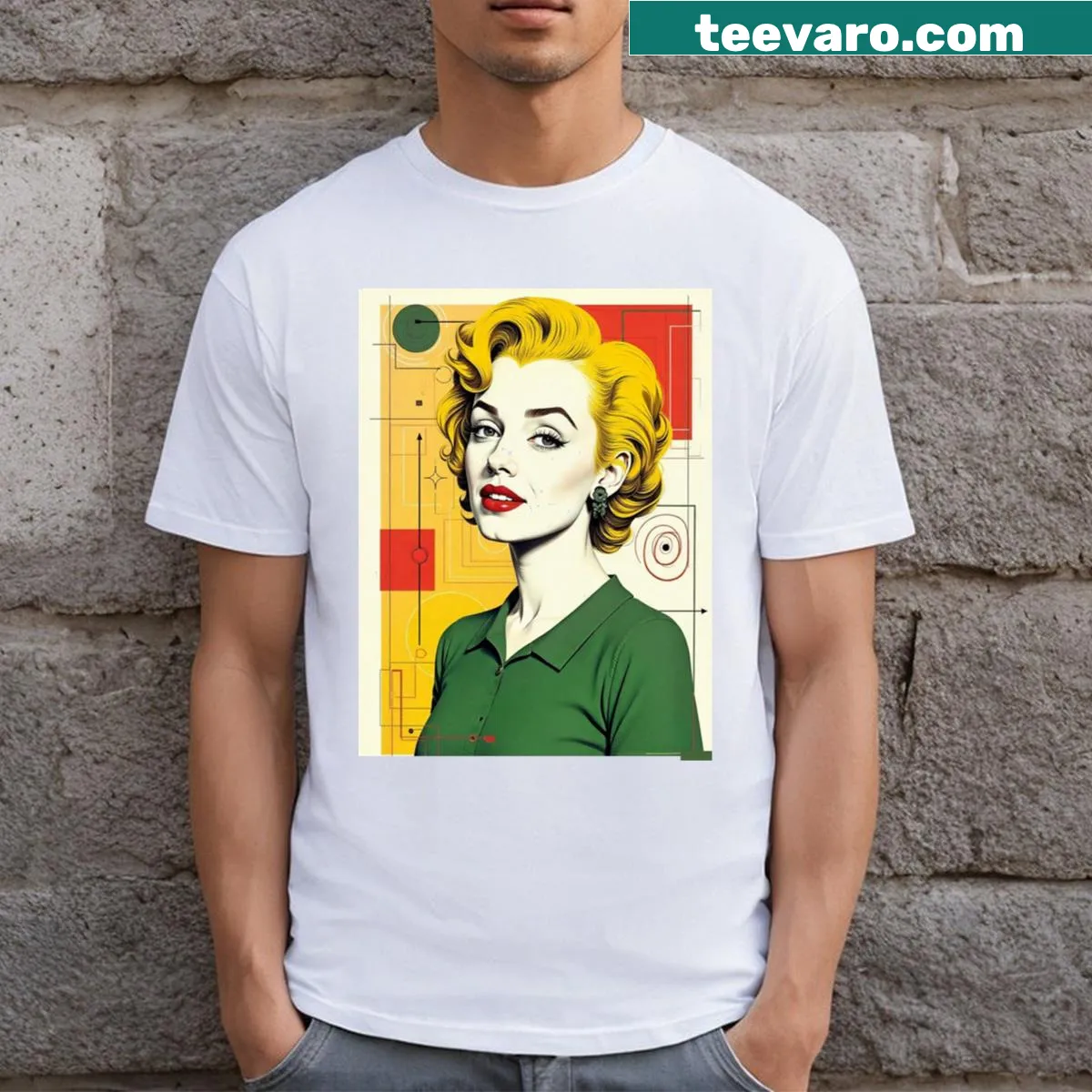 Illustrative T-shirt featuring a green graphic of Marilyn Monroe — on a men's t-shirt