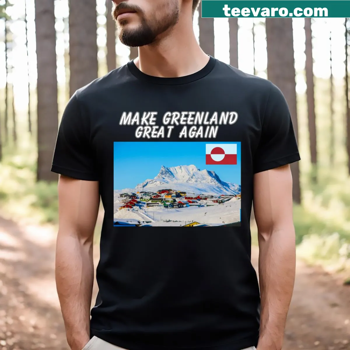 Patriotic Greenland Great Again text graphic — on a men's t-shirt