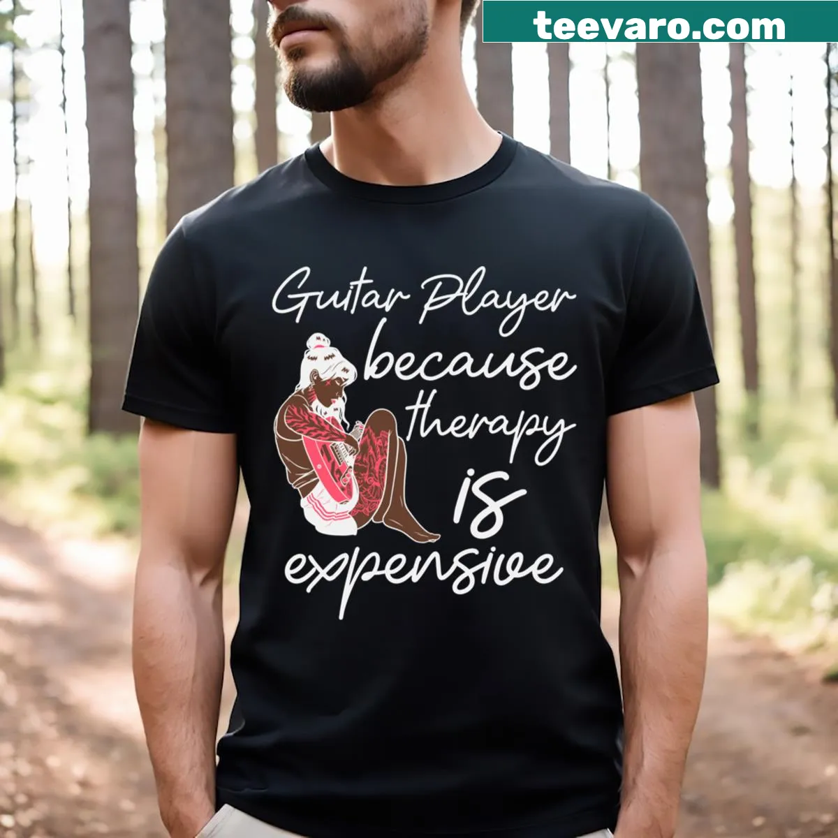 Funny T-shirt stating 'Guitar Player Because Therapy Is Expensive' — on a men's t-shirt