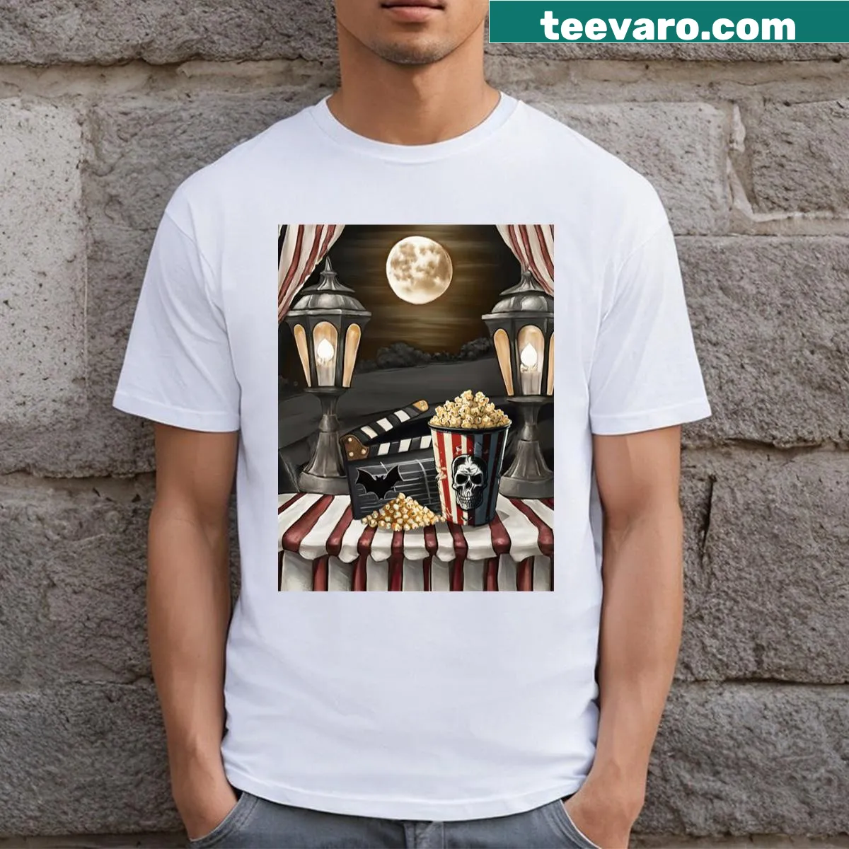 Halloween-themed T-shirt with skull, popcorn, and gothic design — on a men's t-shirt