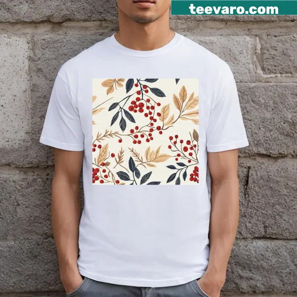 Hand drawn winterberry illustration with vintage leaves on a T-shirt