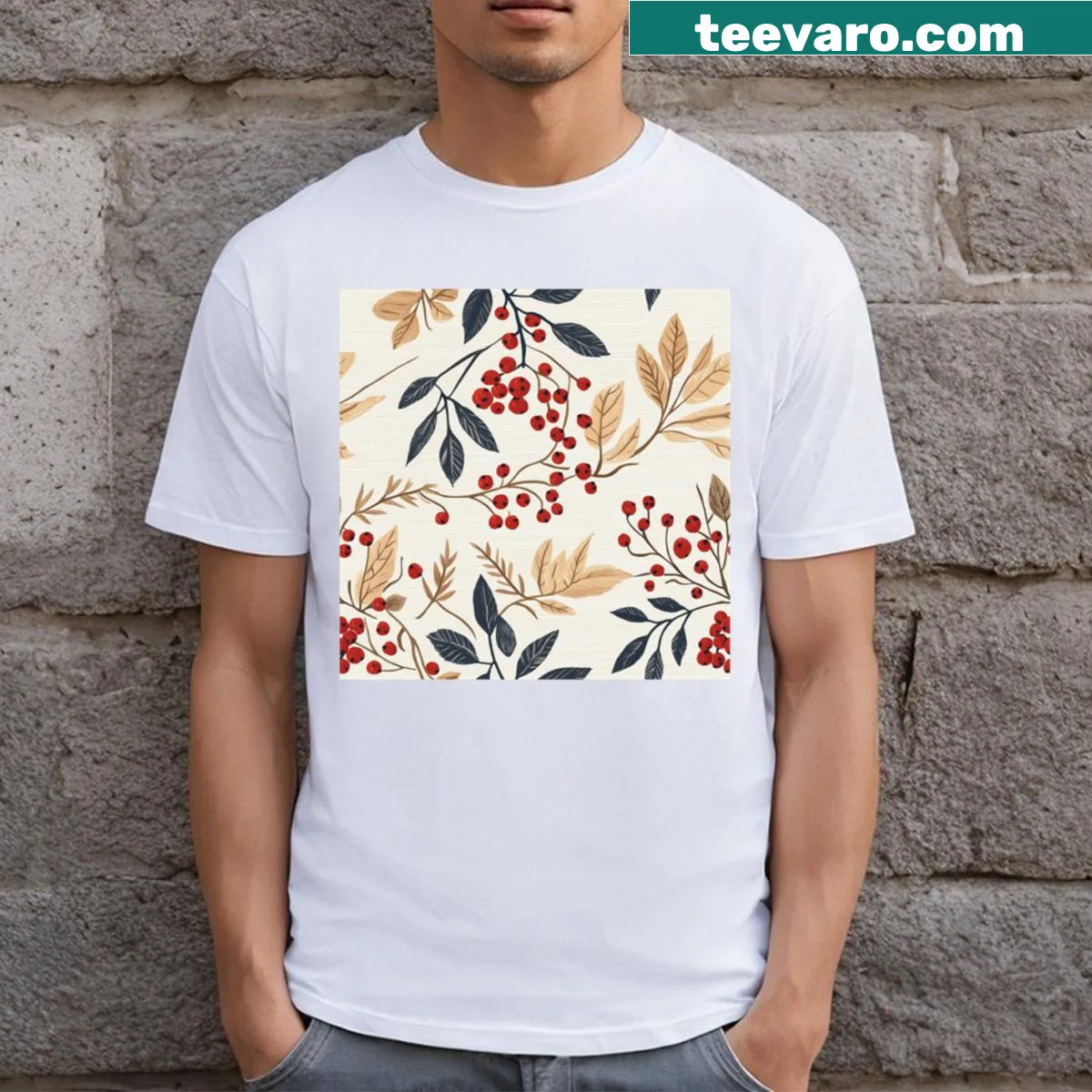 Hand drawn winterberry illustration with vintage leaves on a T-shirt — on a men's t-shirt