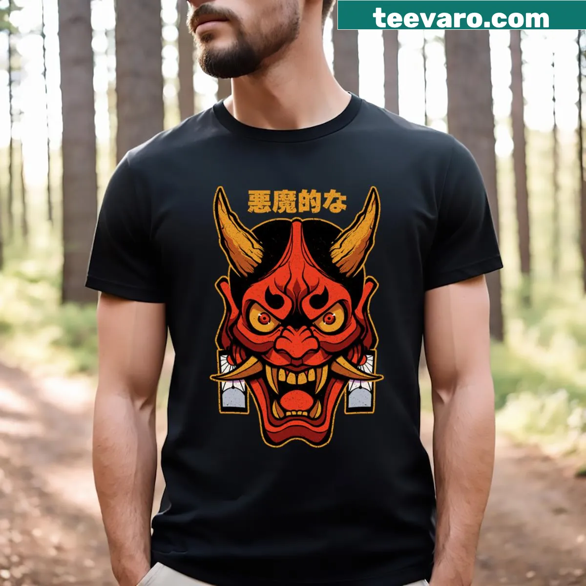 Illustrated Hannya mask graphic on a T-shirt — on a men's t-shirt