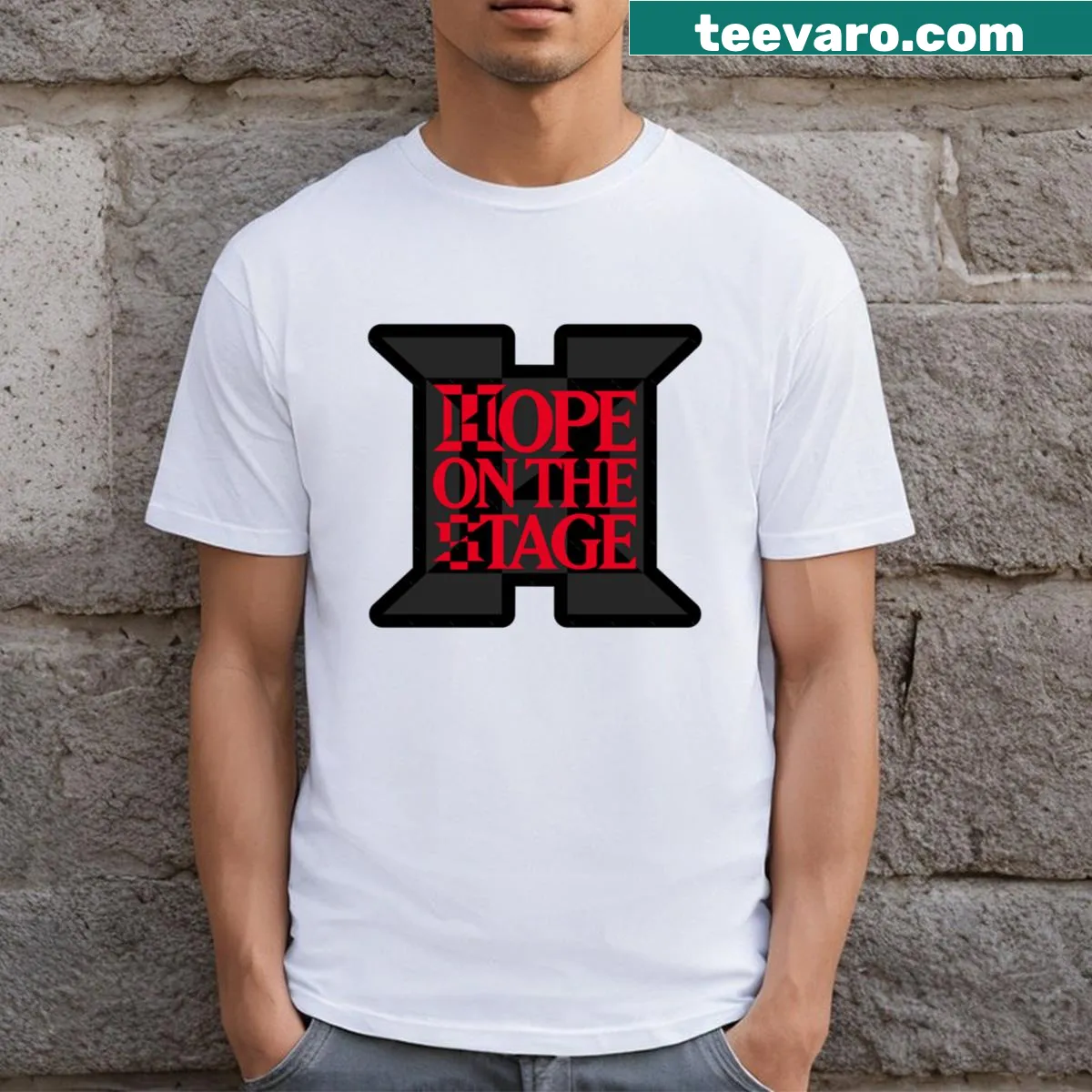 Inspirational typography t-shirt with the phrase 'Hope On The Stage' — on a men's t-shirt