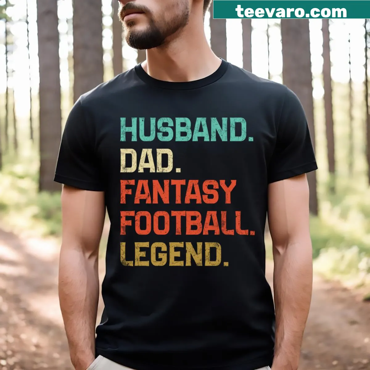 Playful t-shirt for dads featuring football illustrations and 'Fantasy Football Legend' text — on a men's t-shirt