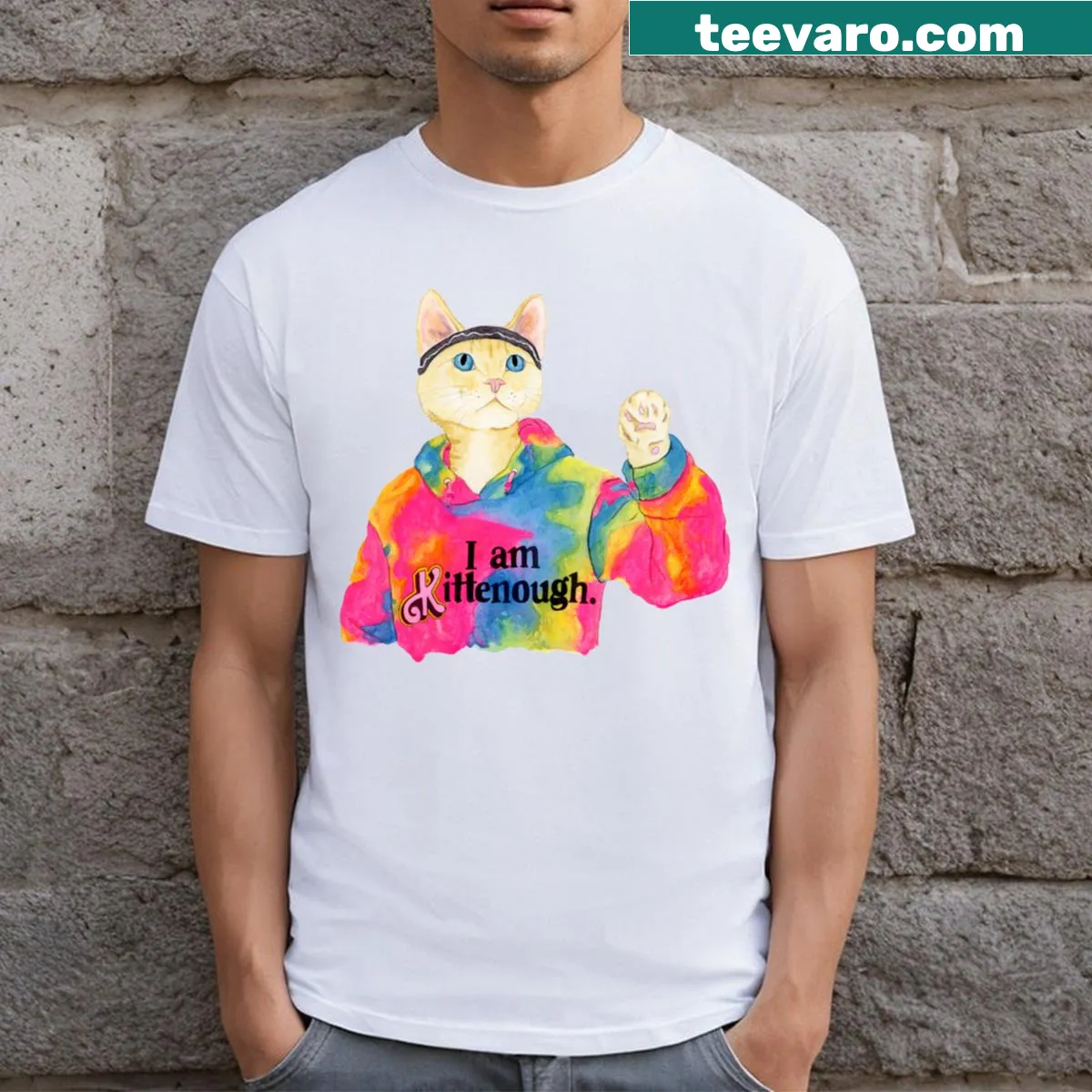 Humorous T-shirt with the phrase 'I Am Kenough And I Am A Kitten' — on a men's t-shirt