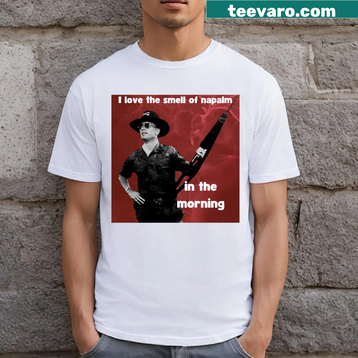 Red t-shirt featuring the phrase 'I Love The Smell Of Napalm In The Morning!' — on a men's t-shirt