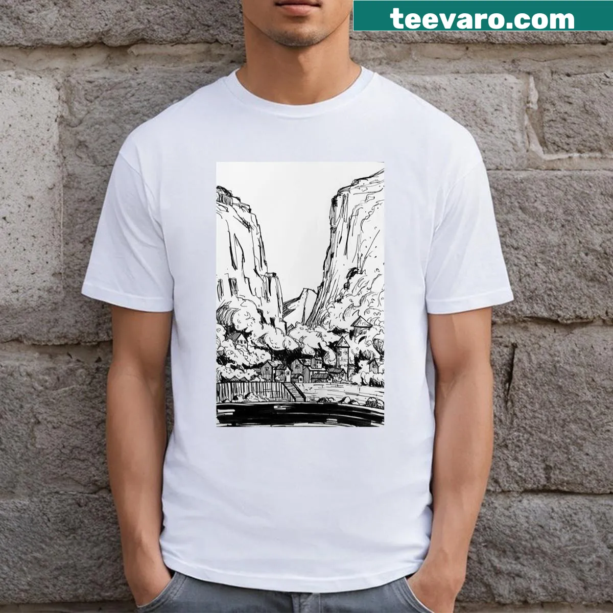 T-shirt featuring a Japanese rural village design — on a men's t-shirt