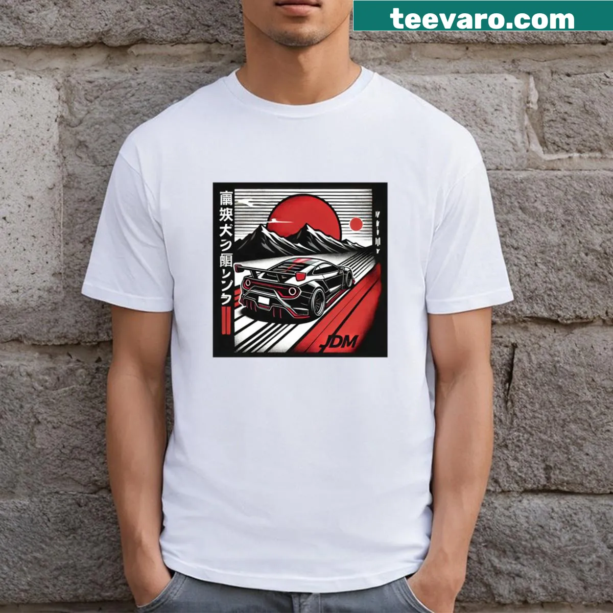 T-shirt featuring JDM sports car design with Japanese sun — on a men's t-shirt