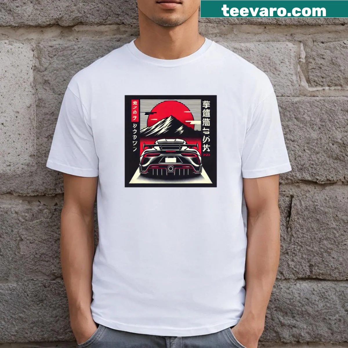Stylized Jdm sports car graphic T-shirt celebrating Japanese car culture — on a men's t-shirt