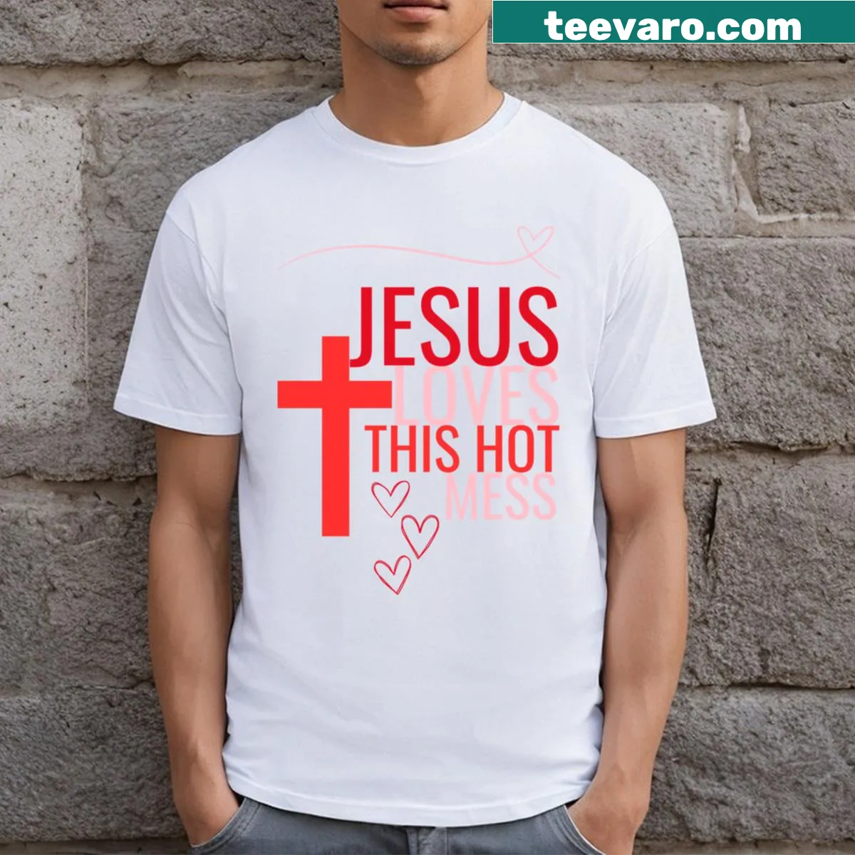 T-shirt with the phrase 'Jesus Loves This Hot Mess' in playful typography — on a men's t-shirt