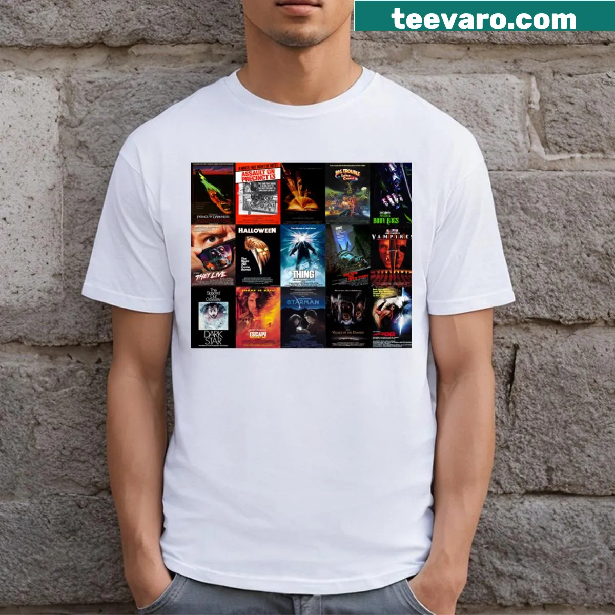 Collage of John Carpenter's movie posters on a T-shirt — on a men's t-shirt