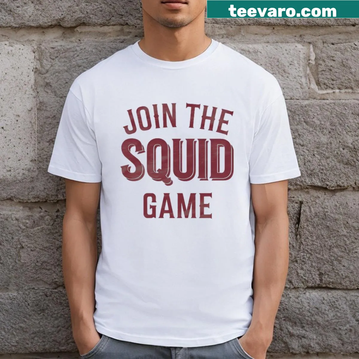 Graphic T-shirt with 'Join The Squid Game' text — on a men's t-shirt