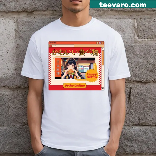 Kawaii T-shirt depicting a cute anime girl eating a large meal.