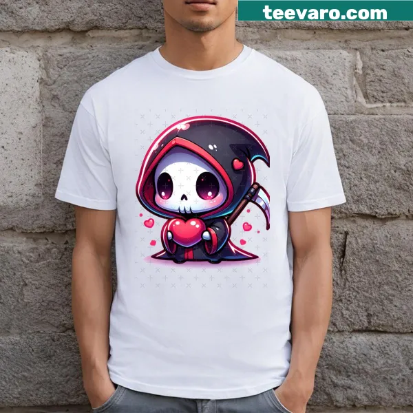 Kawaii T-shirt featuring a cartoon Grim Reaper holding a heart.