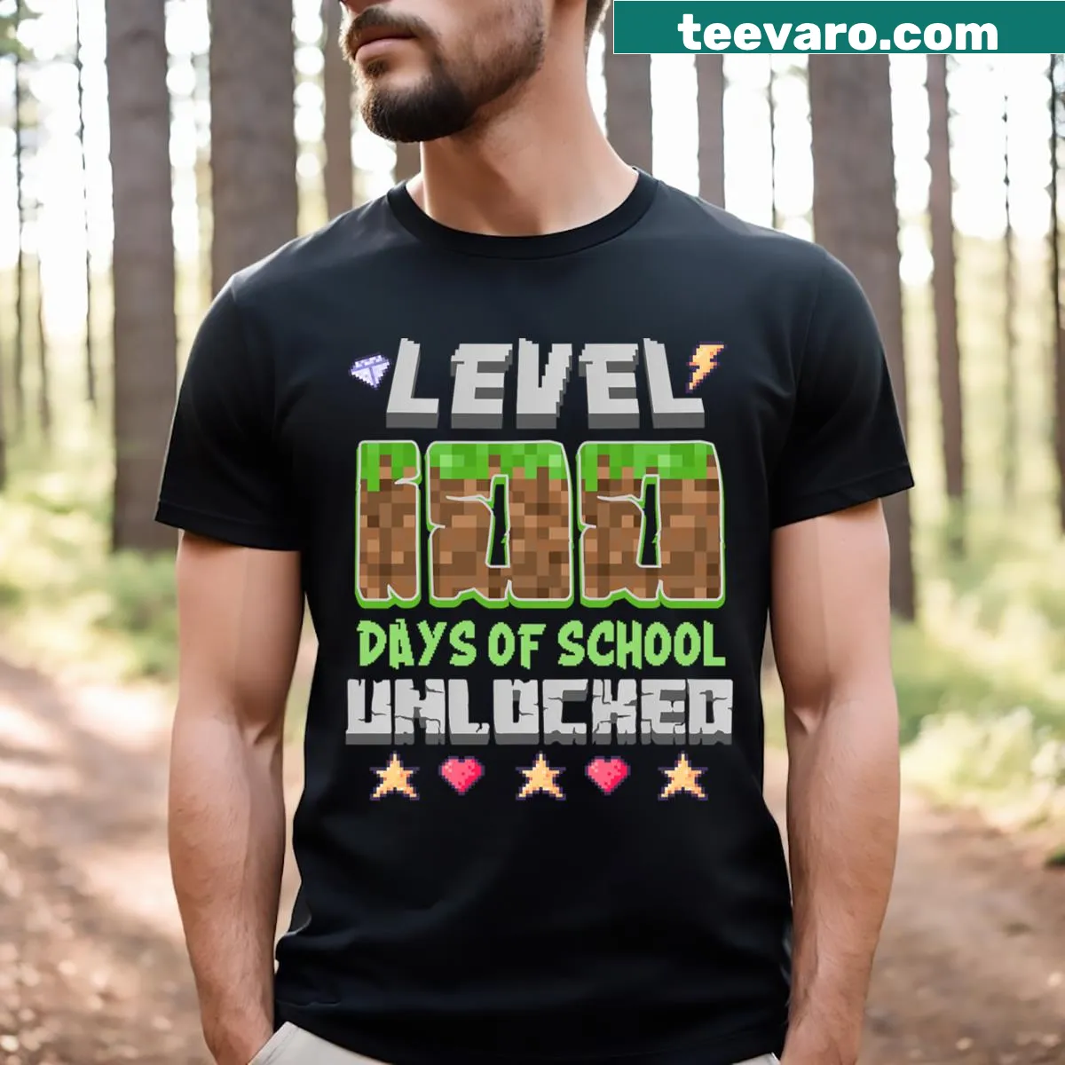 T-shirt with pixel art design celebrating 100 days of school and gaming theme — on a men's t-shirt