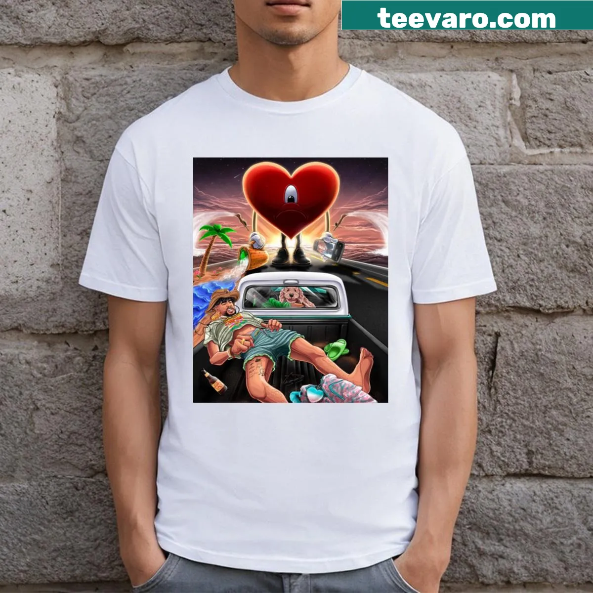 Cartoon Love Monster Bad Bunny graphic T-shirt with bold text — on a men's t-shirt