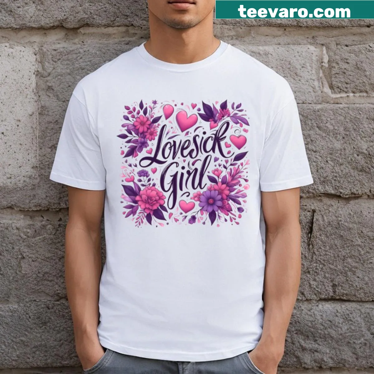 Playful t-shirt inspired by the concept of a 'Love Sick Girl' — on a men's t-shirt