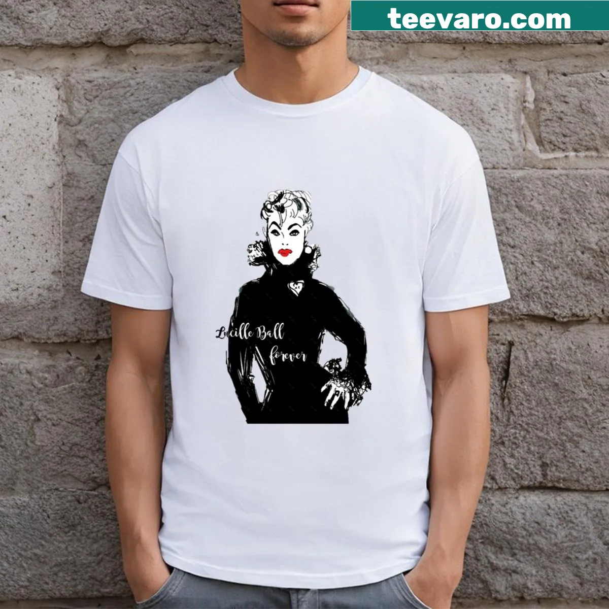 T-shirt featuring a playful graphic of Lucille Ball — on a men's t-shirt