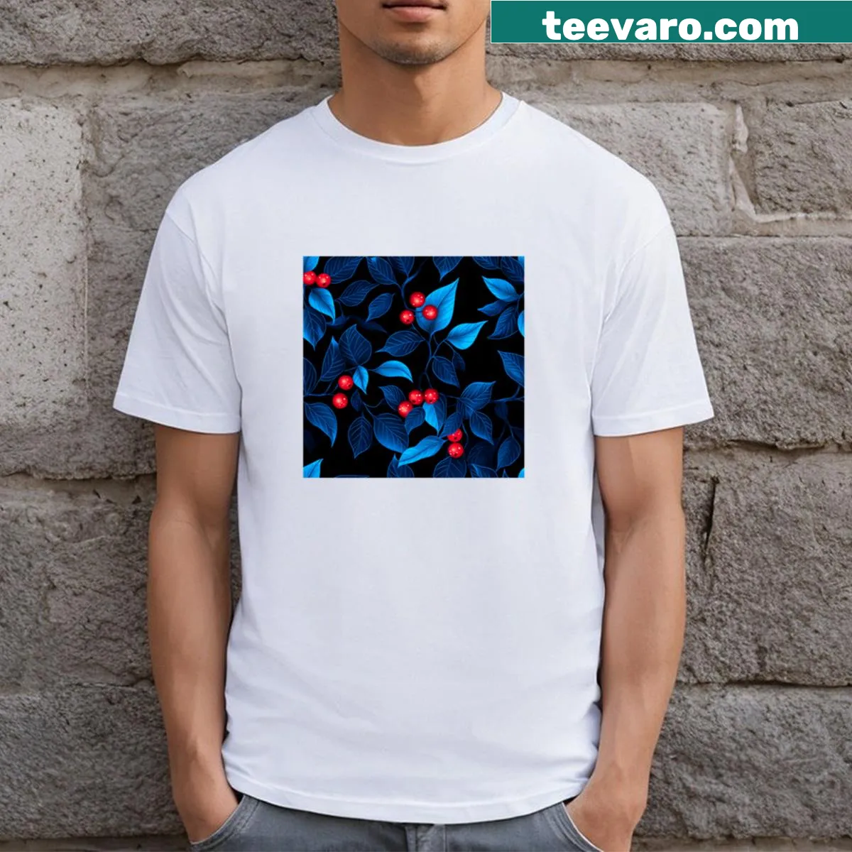Illustrated T-shirt featuring winterberry and blue leaves — on a men's t-shirt