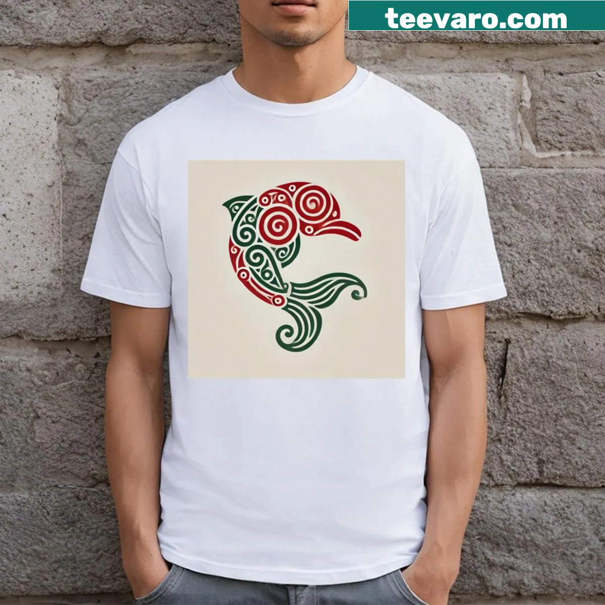 Stylized Maori dolphin spiral design on a T-shirt — on a men's t-shirt