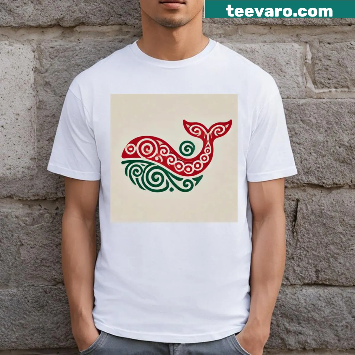 Maori inspired whale design on a T-shirt — on a men's t-shirt