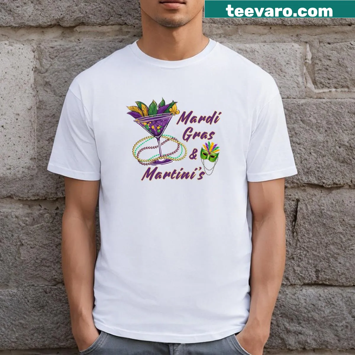 Illustrative design combining Mardi Gras and martini themes on a t-shirt — on a men's t-shirt