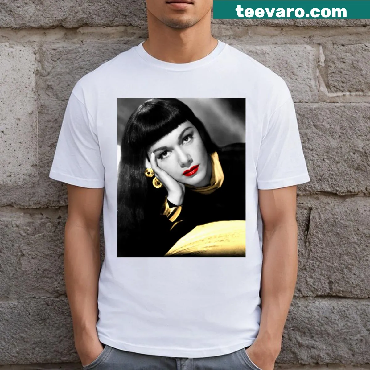 Illustrative design of Maria Montez with red lips on a t-shirt — on a men's t-shirt