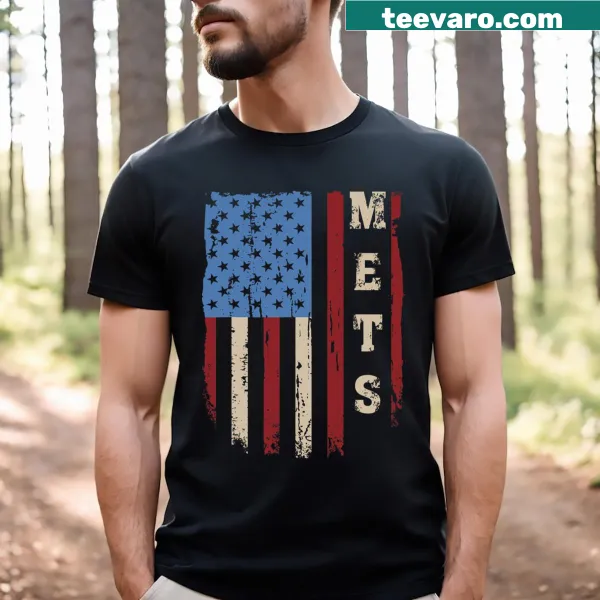 Vintage Mets-themed graphic with USA flag on a t-shirt
