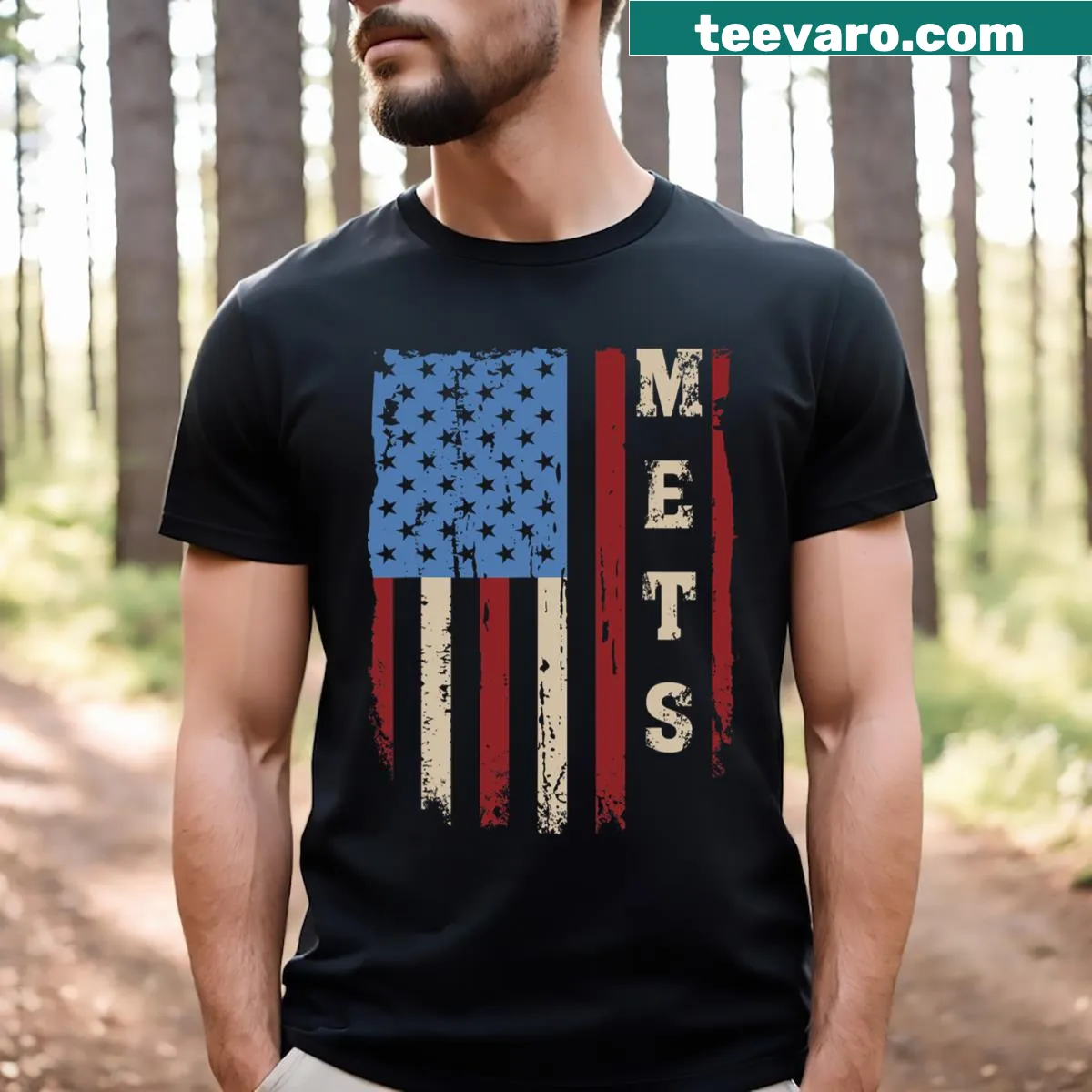 Vintage Mets-themed graphic with USA flag on a t-shirt — on a men's t-shirt