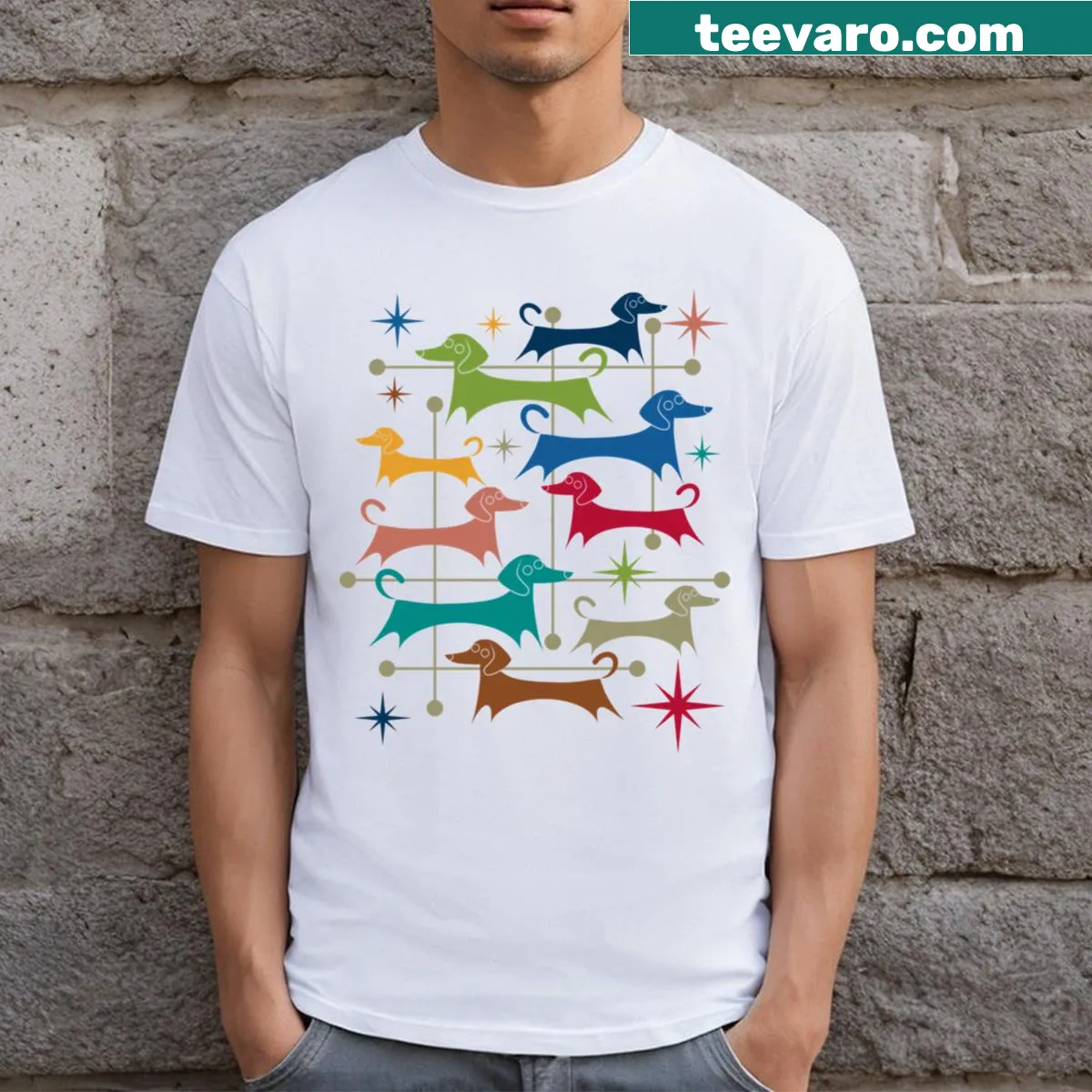 Mid-century modern dachshund illustration T-shirt — on a men's t-shirt