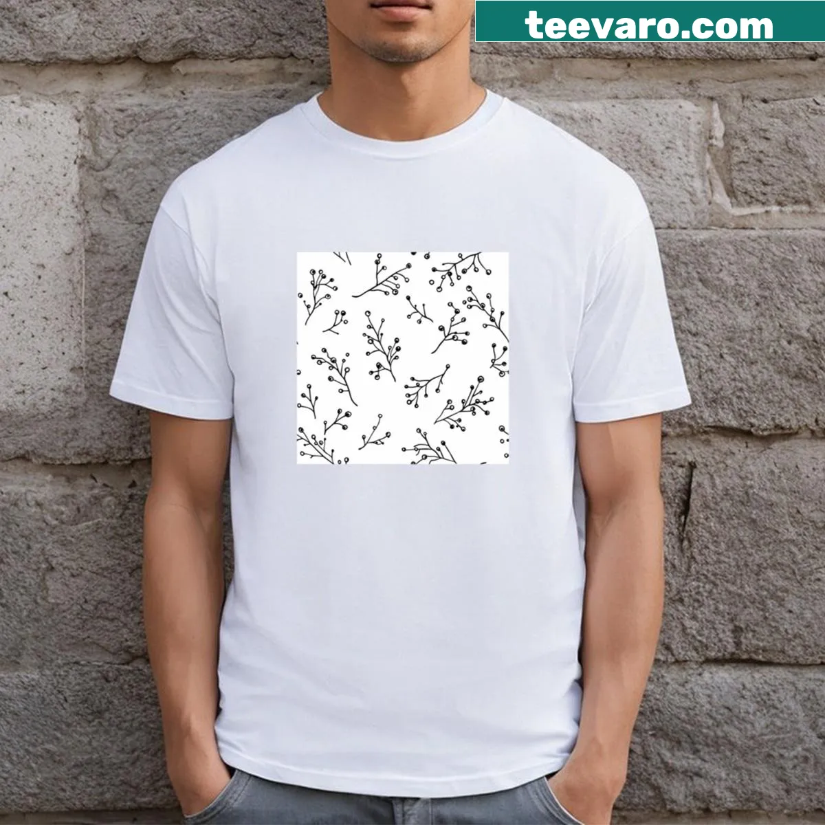 Minimalist T-shirt with line art of winterberry sprigs — on a men's t-shirt