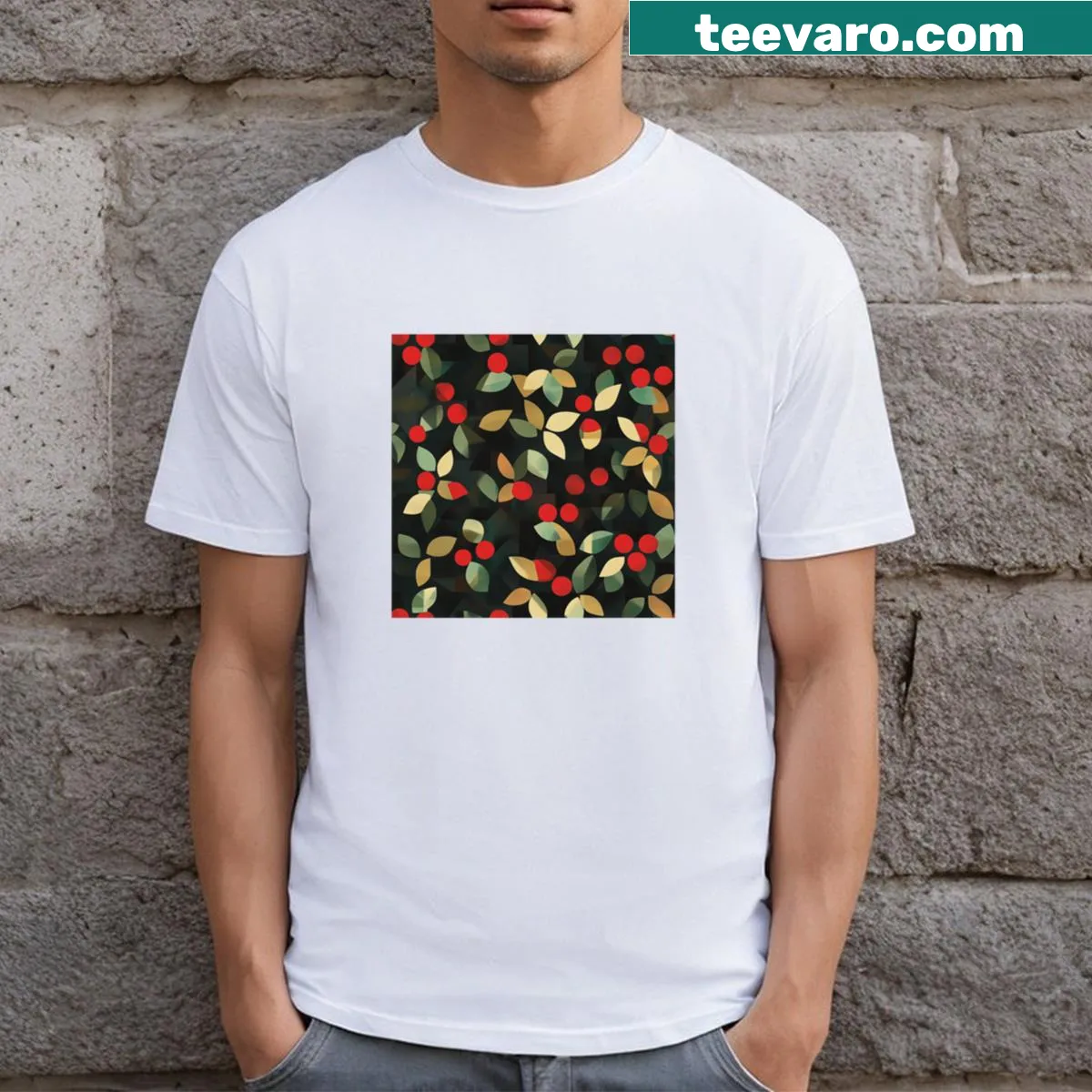 Geometric winterberry and leaves design T-shirt — on a men's t-shirt